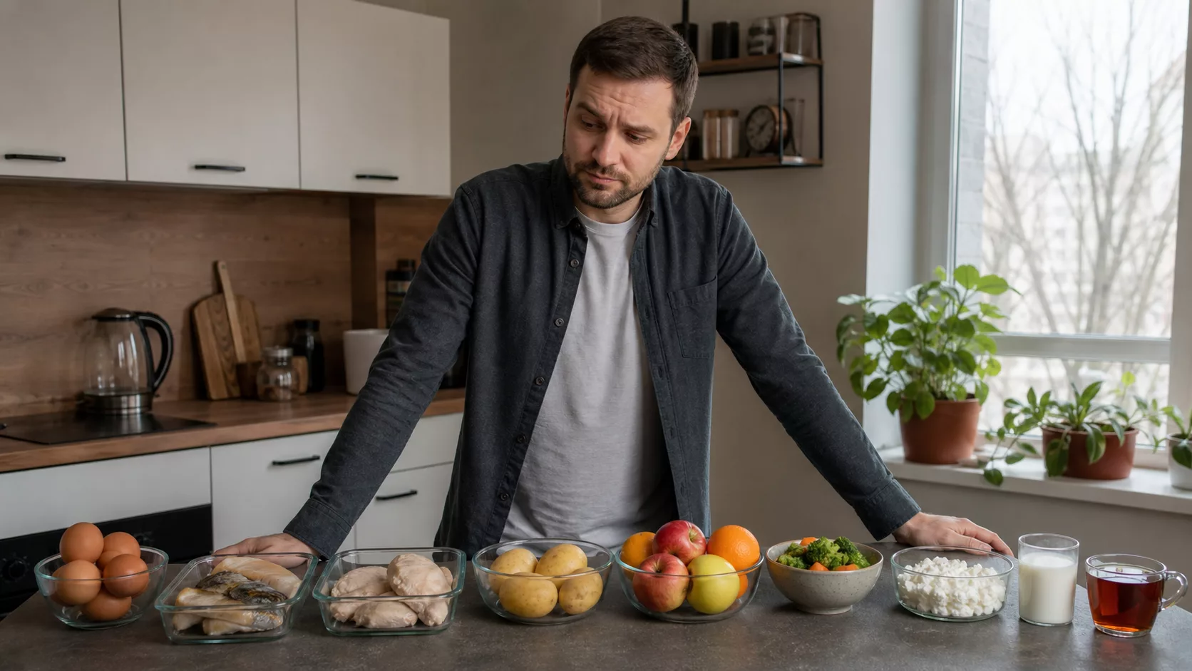 Мужчина критически рассматривает ряд продуктов для десятидневного монопитания
