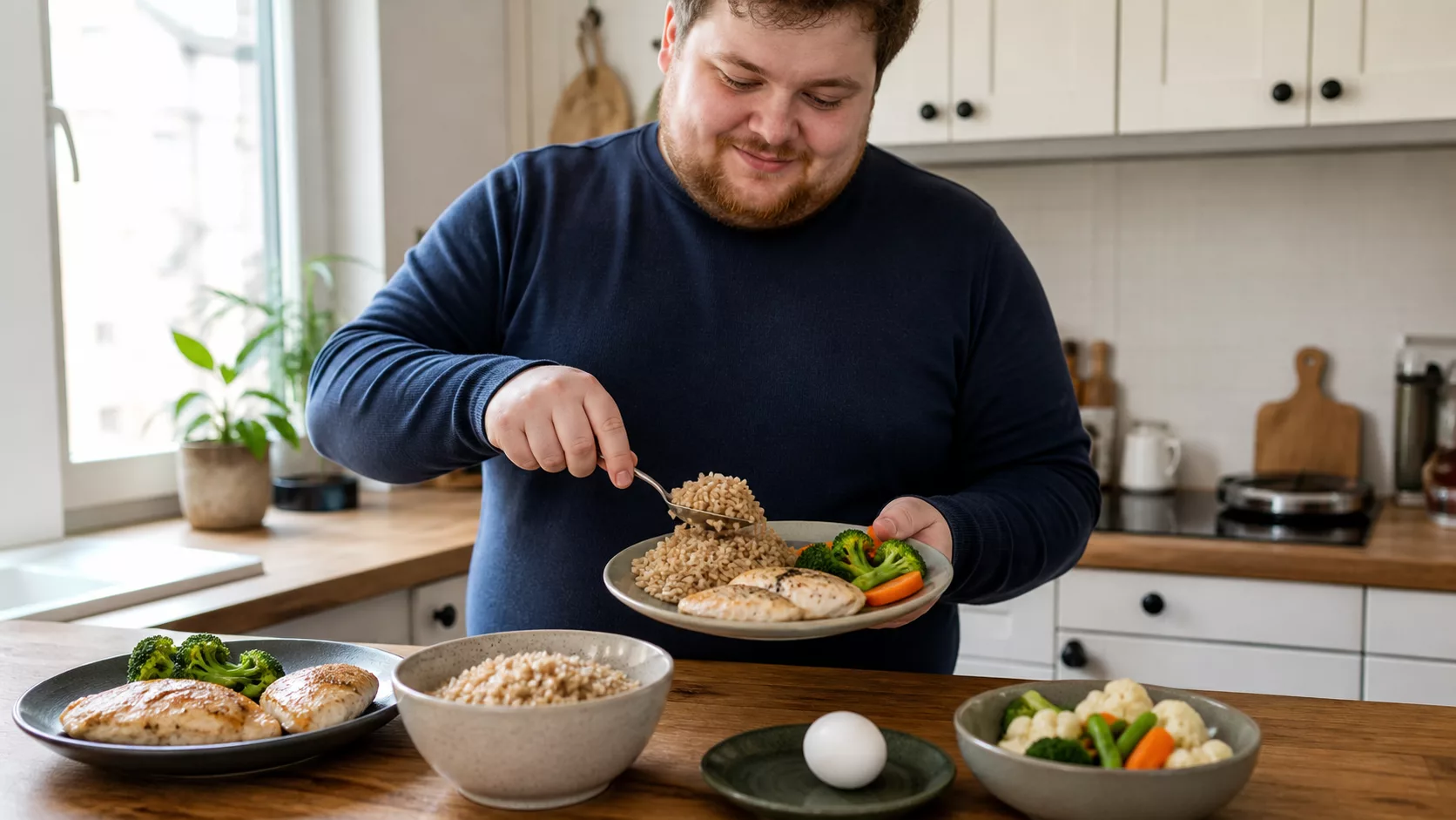 Мужчина подаёт коричневый рис с курицей и овощами рядом с рыбой и яйцом