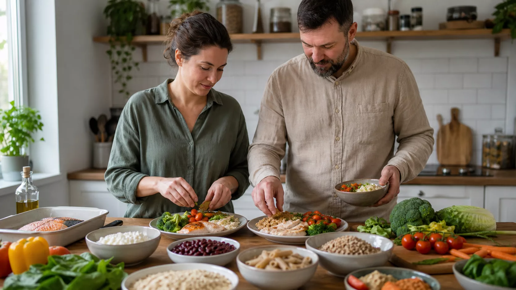 Пара собирает блюда из рыбы, курицы, яиц, бобовых, круп, макарон и овощей