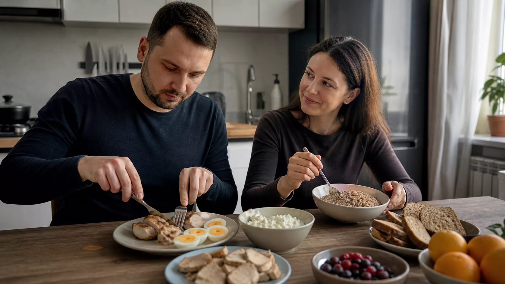 Пара готовит блюда из курицы, яиц, творога, гречки, хлеба, ягод и апельсинов