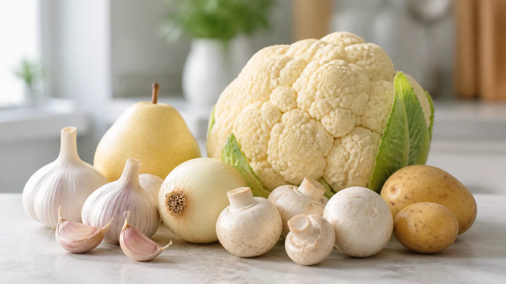 Цветная капуста, чеснок, лук, грибы, груша и картофель на кухонном столе
