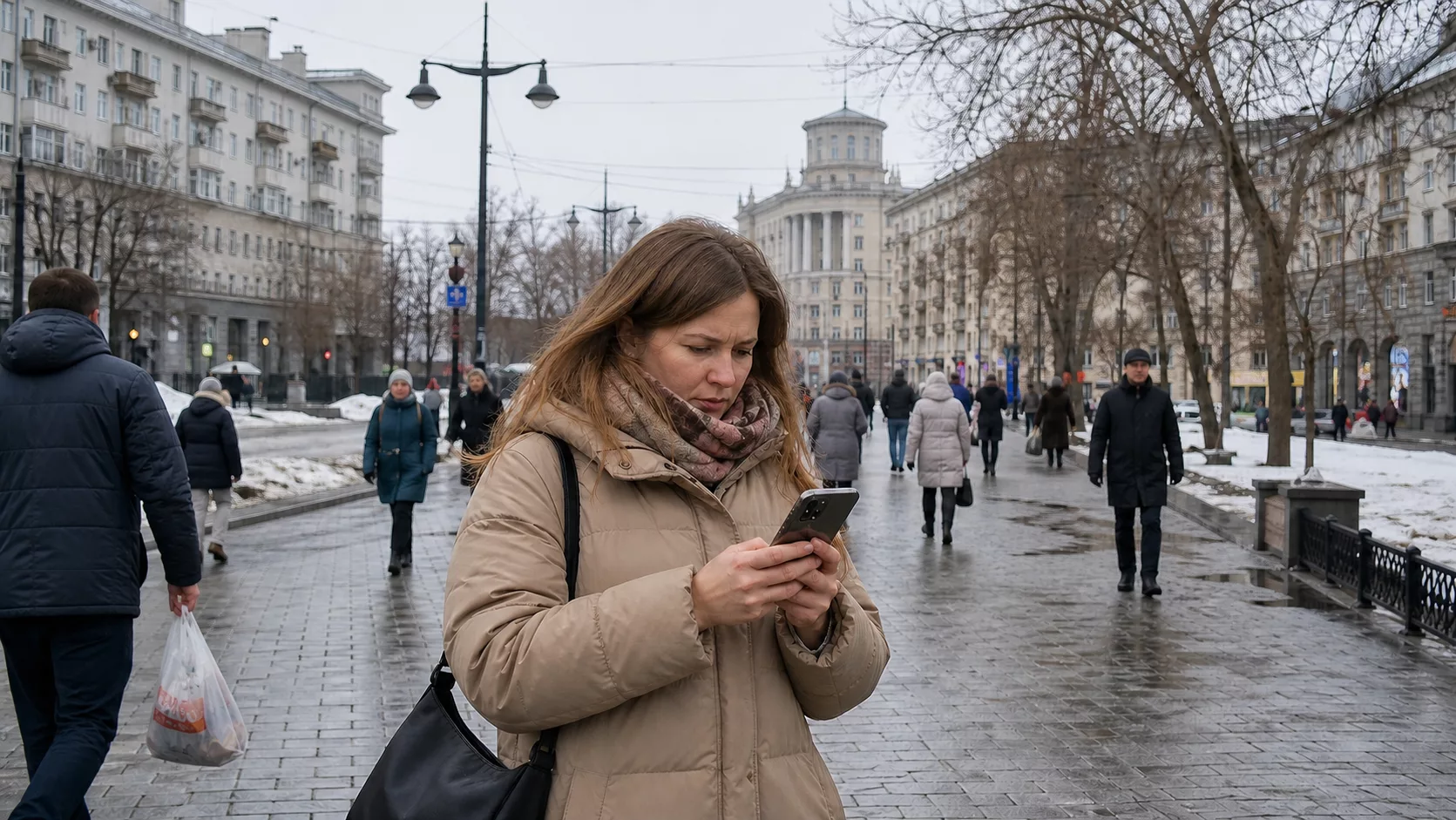 Женщина ищет информацию в телефоне на зимней улице Челябинска