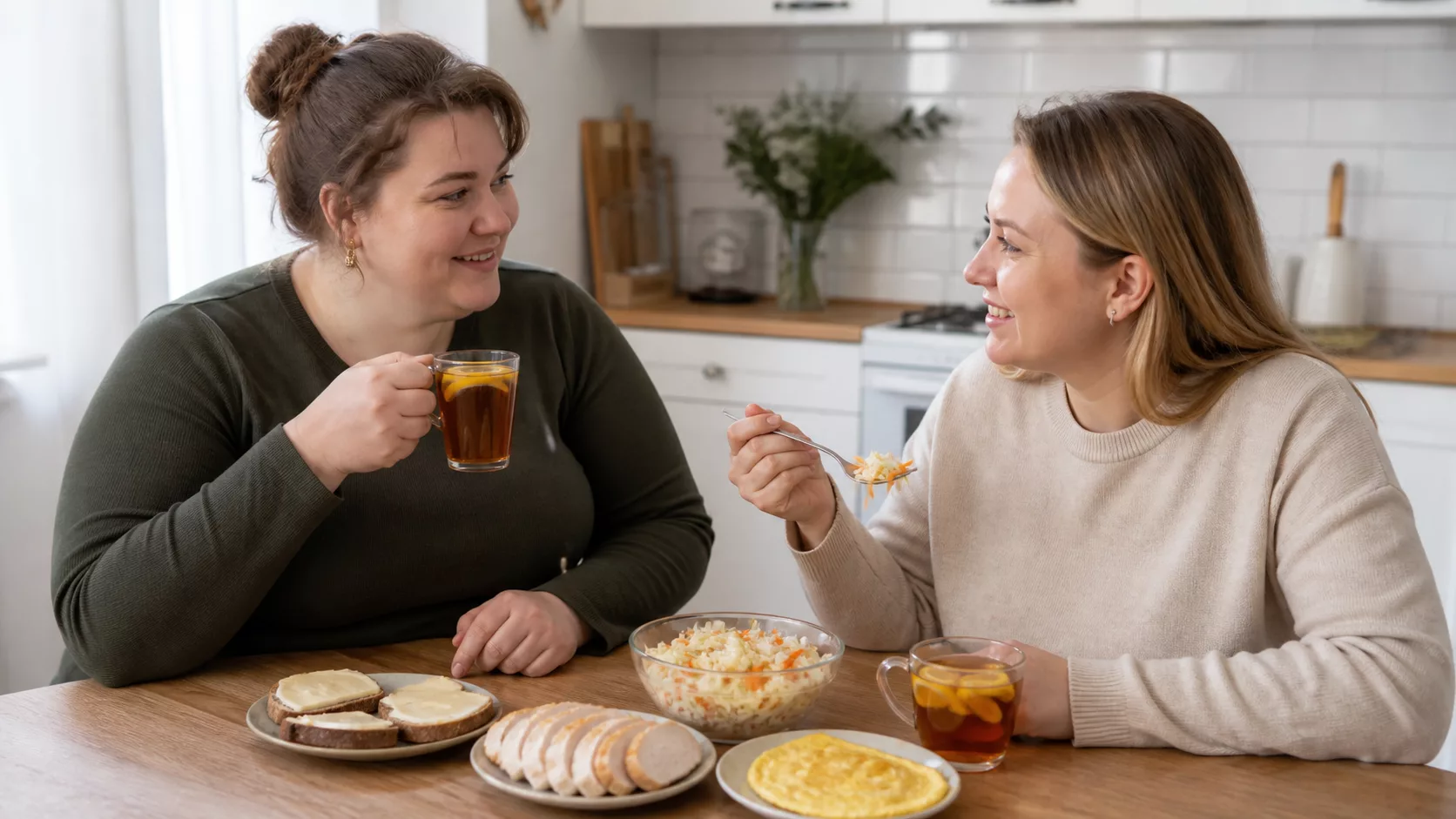 Две женщины разных комплекций обедают курицей, капустно-морковным салатом, омлетом и ржаным хлебом