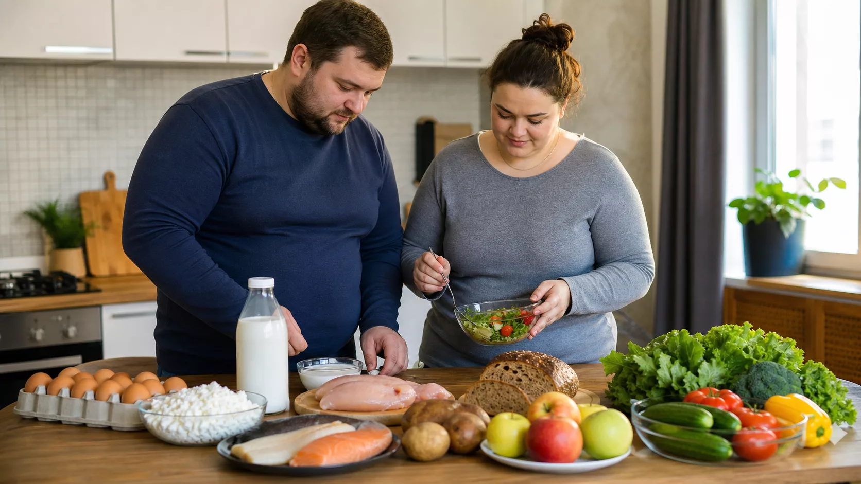 Пара готовит салат рядом с яйцами, творогом, кефиром, курицей, рыбой, хлебом, картофелем и фруктами