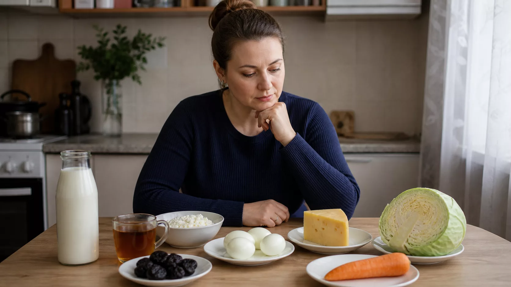 Женщина задумчиво рассматривает кефир, яйца, сыр, творог, чернослив, капусту и морковь