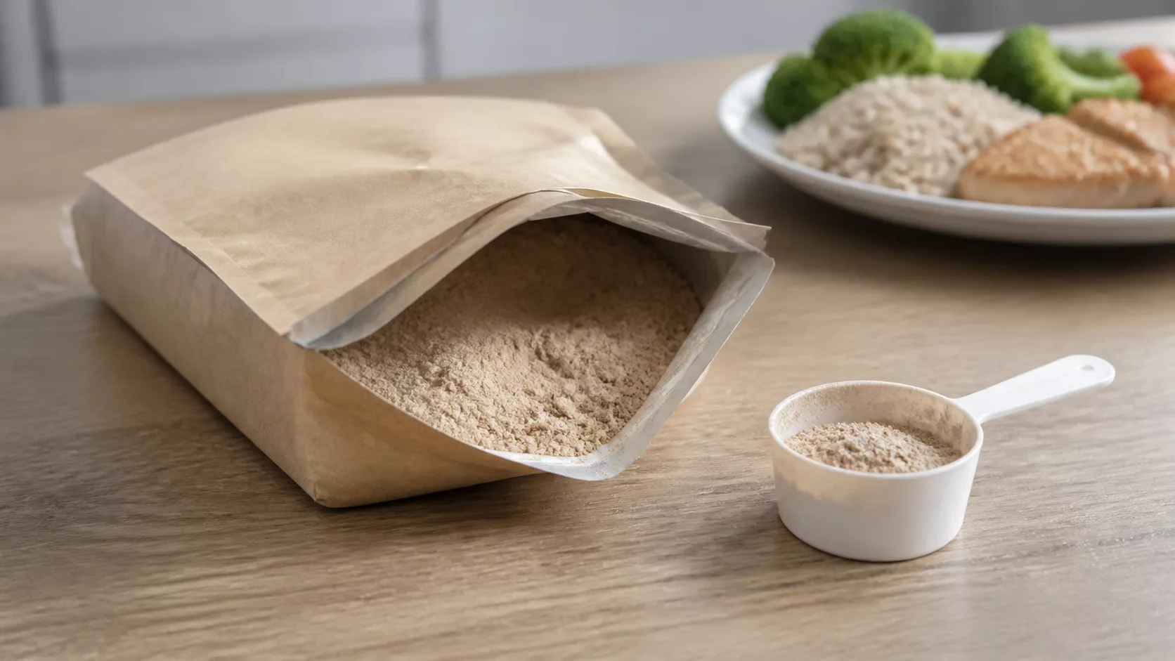 Открытый пакет с порошковой смесью и мерной ложкой на столе