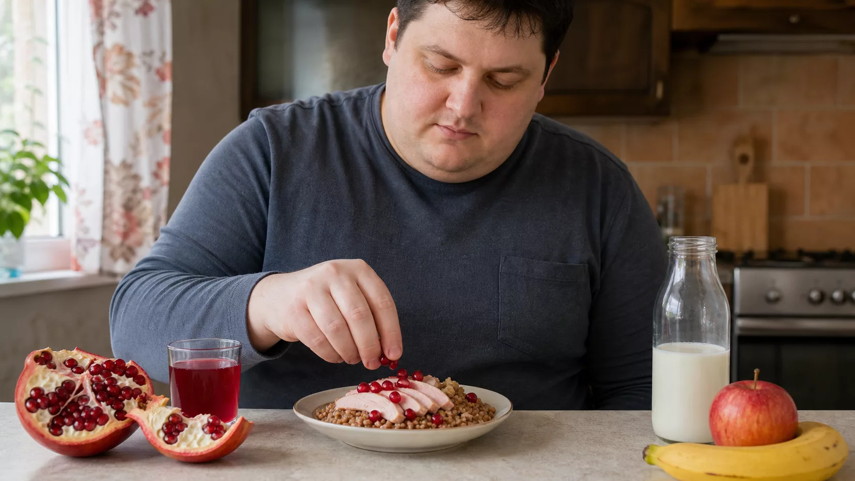 Мужчина добавляет зёрна граната к гречке с курицей рядом с фруктами и кефиром