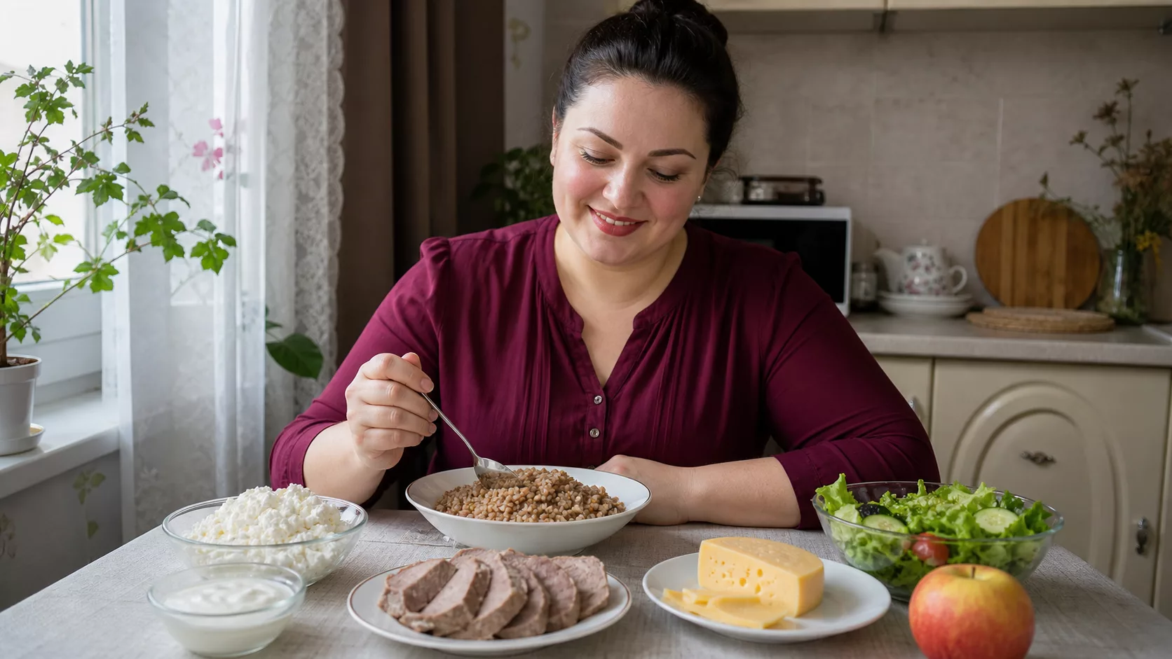 Женщина ест гречку рядом с творогом, йогуртом, сыром, мясом, салатом и яблоком