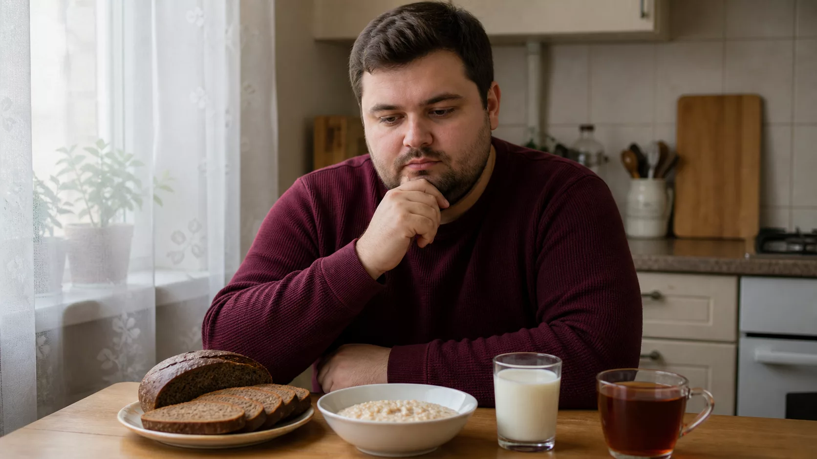Мужчина задумчиво смотрит на ржаной хлеб, овсянку, молоко и чай