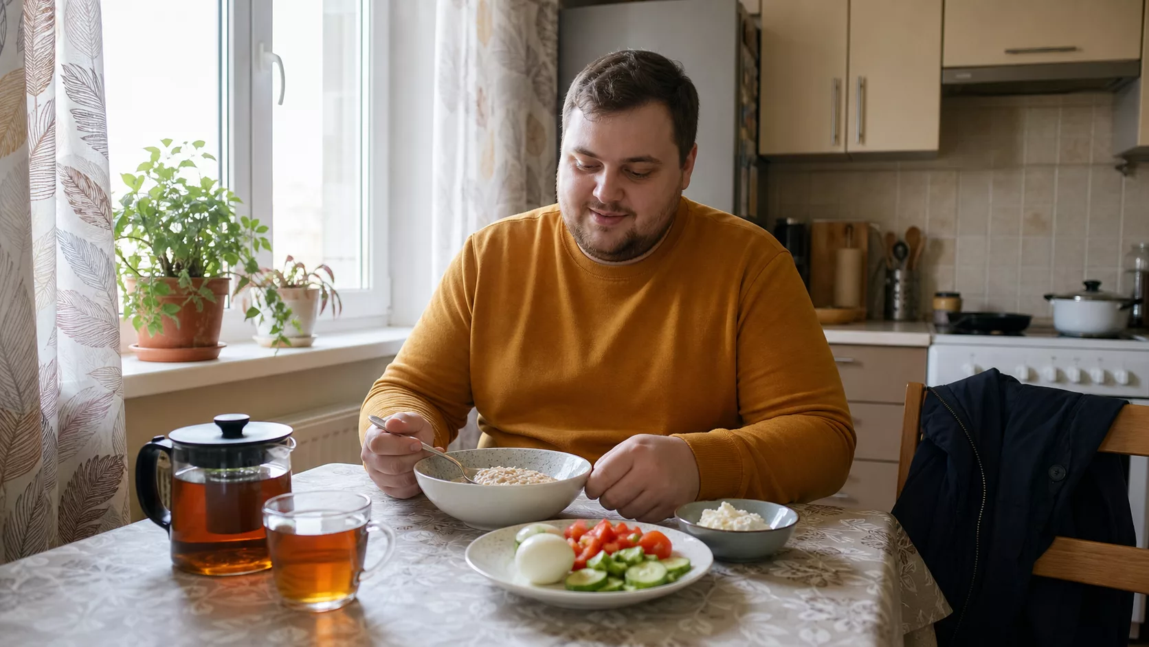 Мужчина завтракает овсянкой, яйцом и овощами перед прогулкой
