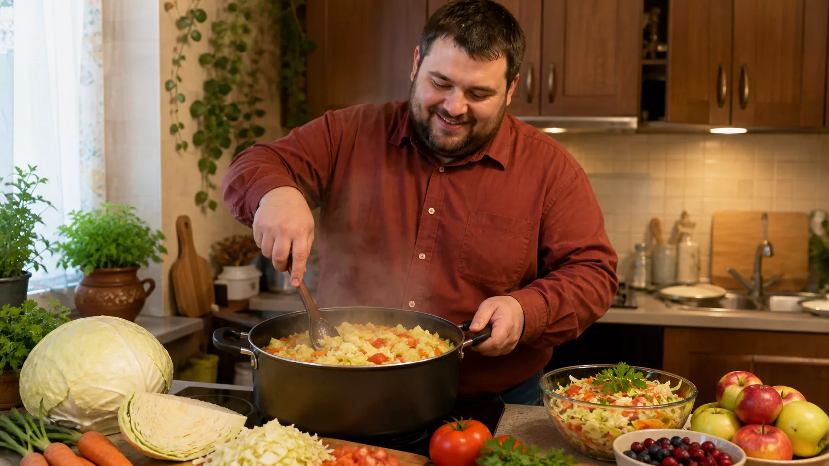 Мужчина готовит капусту с морковью и помидорами рядом с яблоками и ягодами