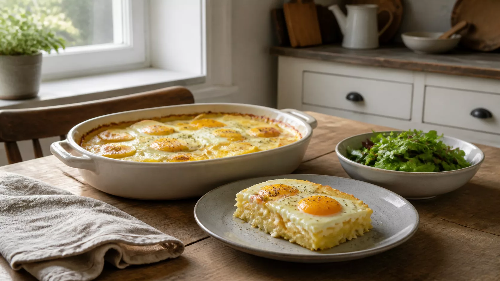 Домашняя картофельно-яичная запеканка и порция на тарелке