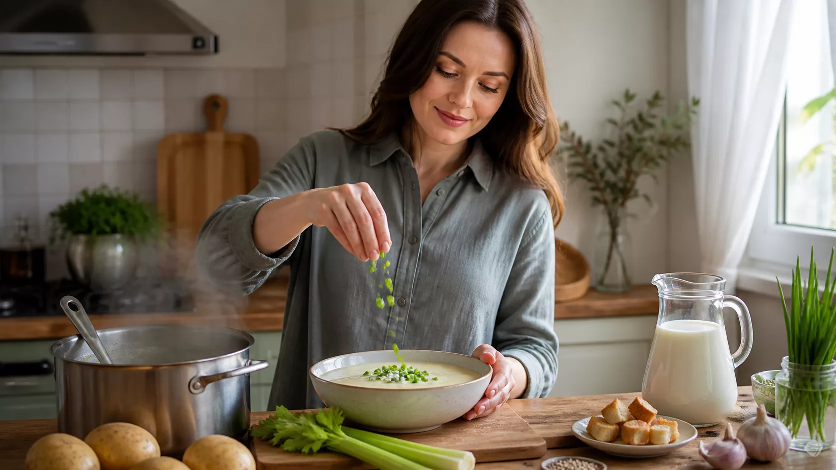 Женщина посыпает зелёным луком картофельный суп-пюре с сельдереем