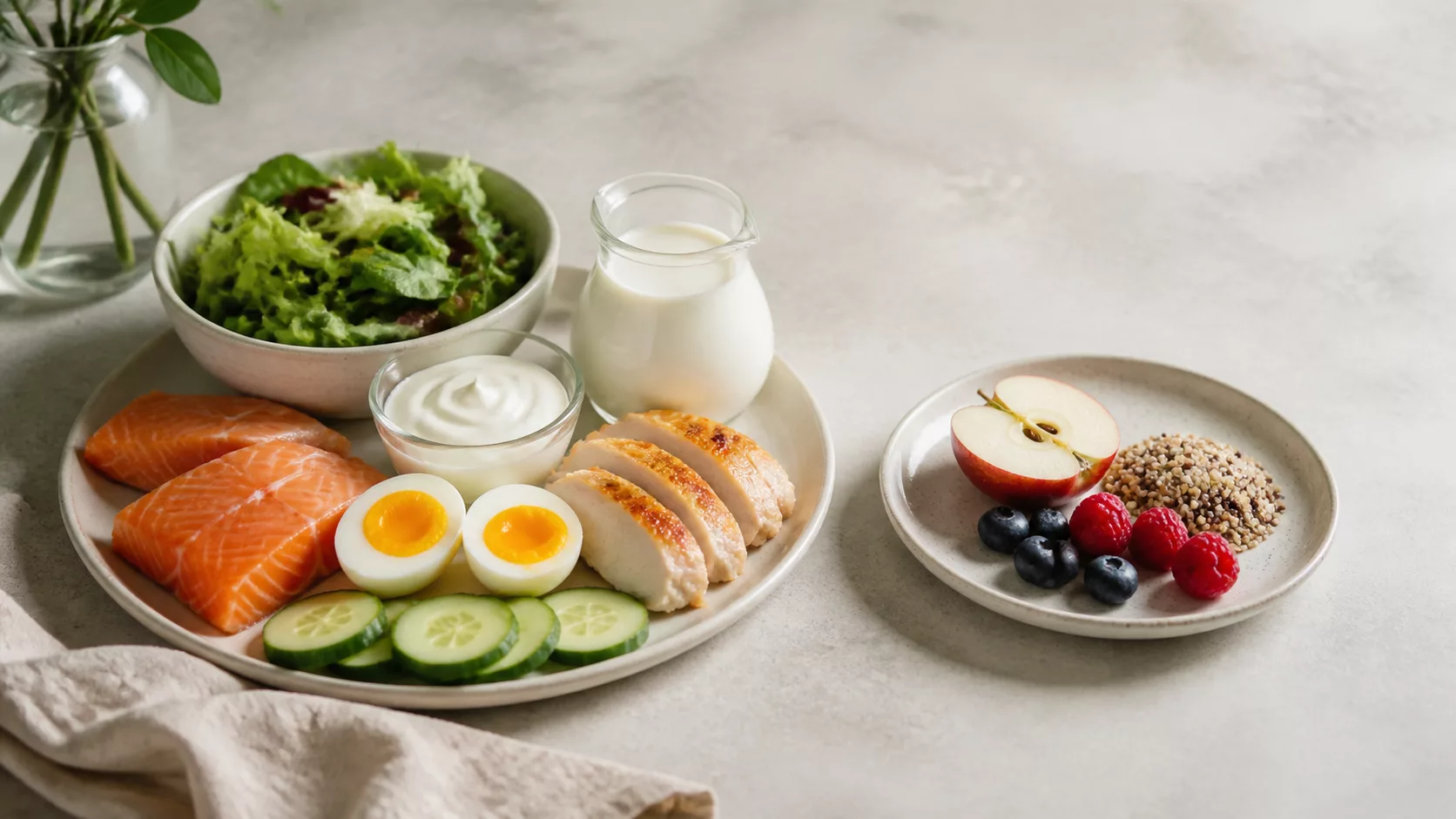 Рыба, курица, яйца, молочные продукты и салат рядом с небольшой порцией крупы и фруктов