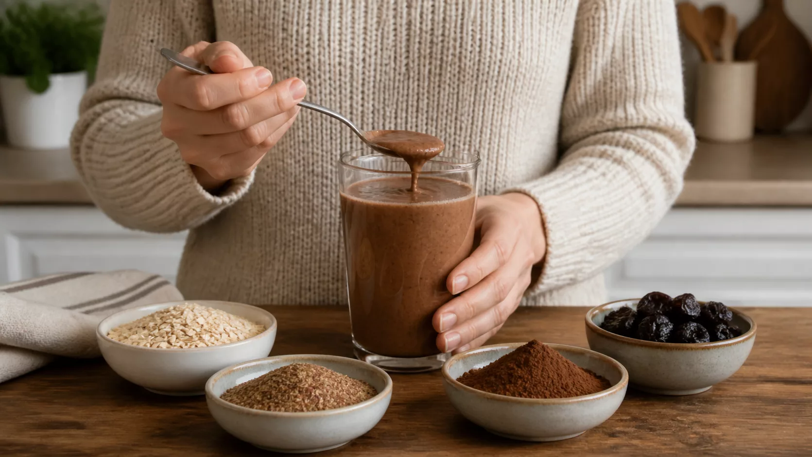Густой коктейль из кефира, отрубей, льна, какао и чернослива