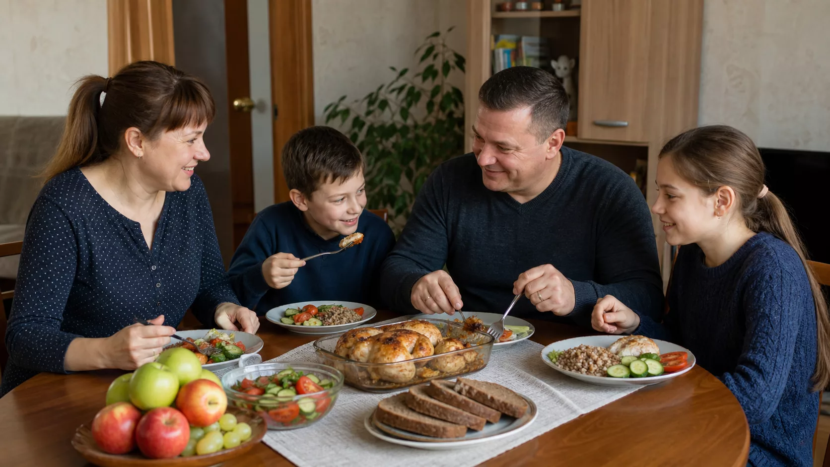 Семья ужинает курицей, гречкой, овощами, ржаным хлебом и фруктами