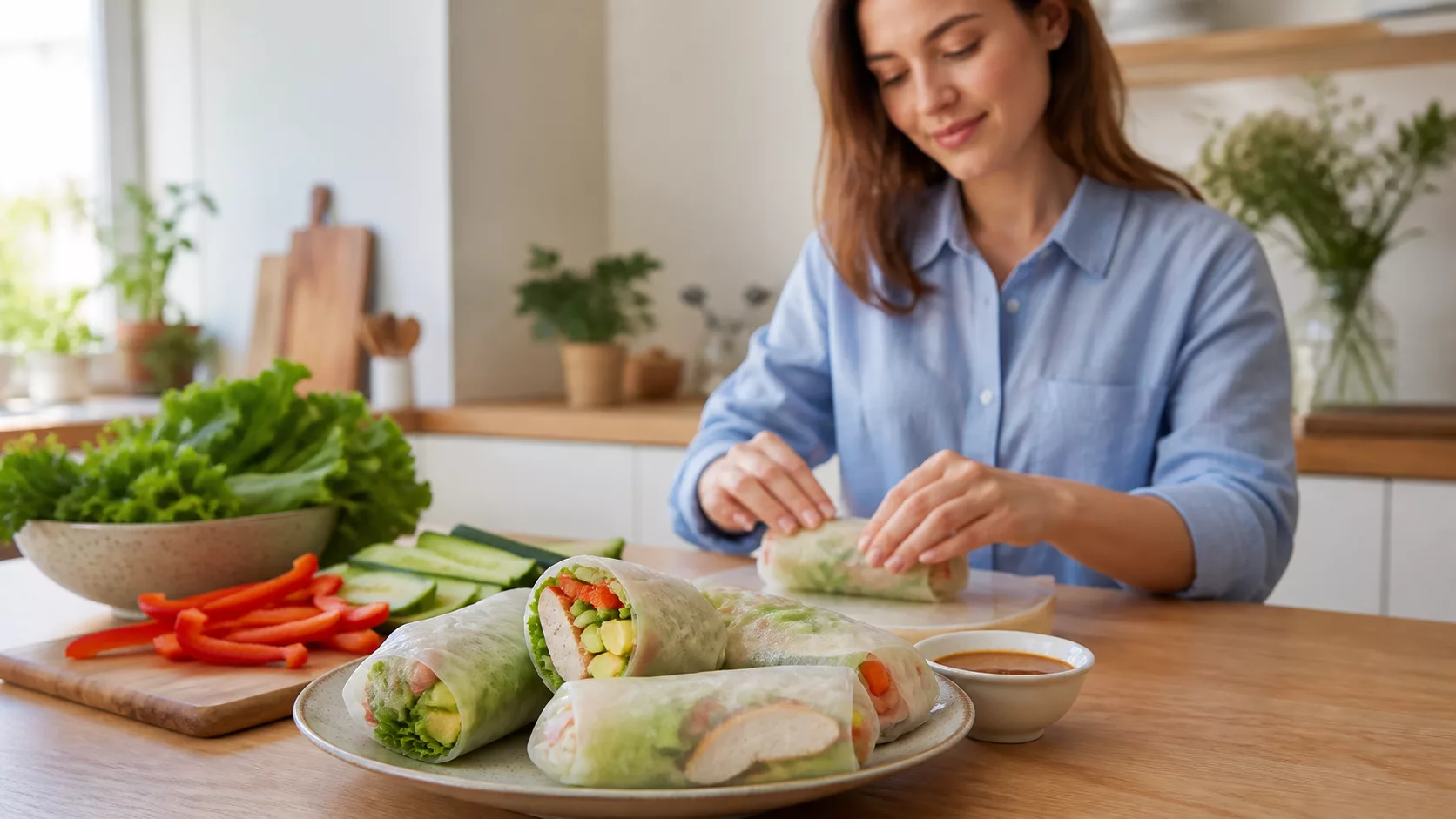 Женщина готовит роллы из рисовой бумаги с курицей, салатом и овощами