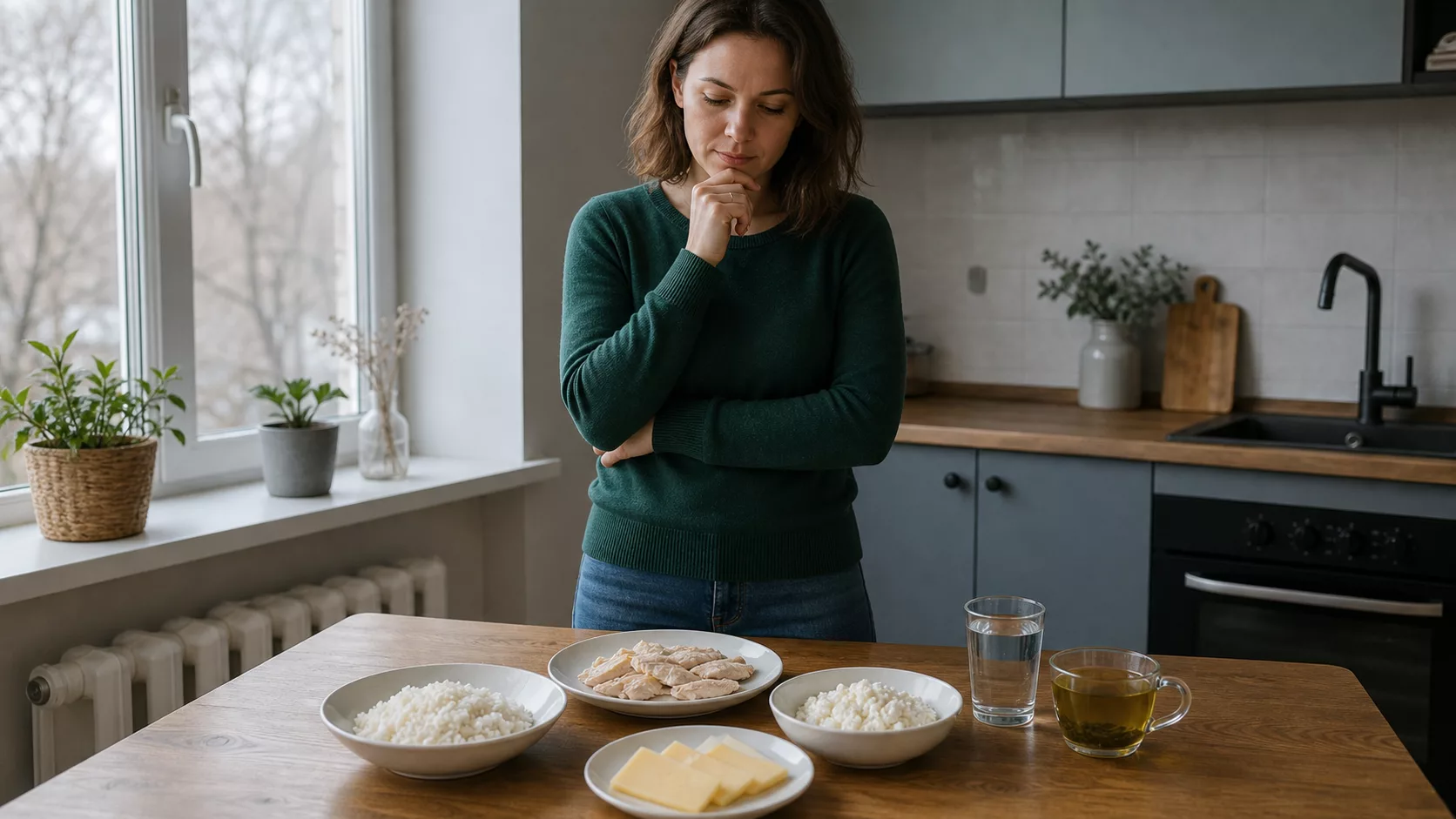 Женщина рассматривает рис, курицу, творог и сыр на отдельных тарелках