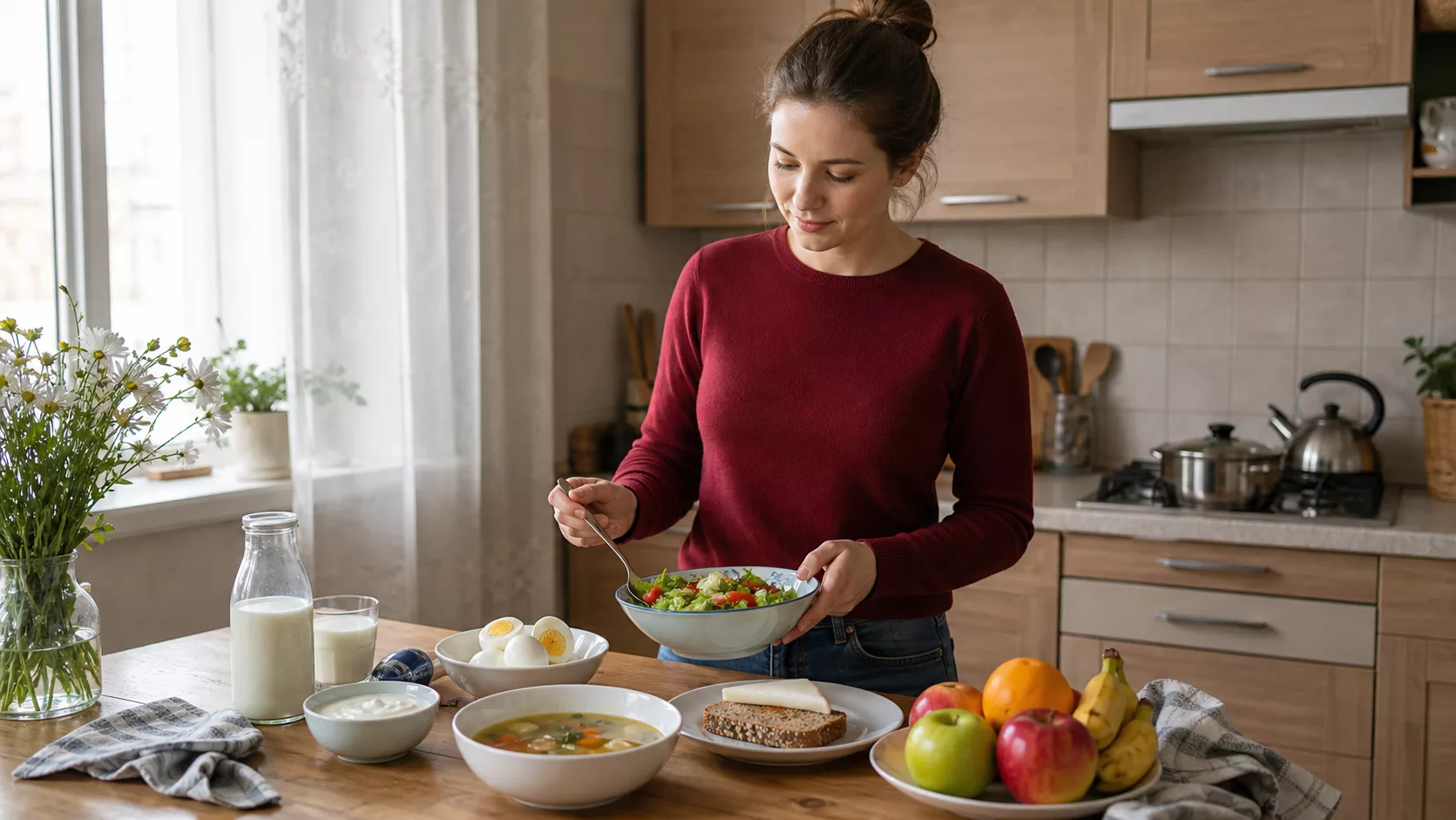 Женщина готовит салат рядом с яйцами, кефиром, йогуртом, супом, фруктами и бутербродом с сыром