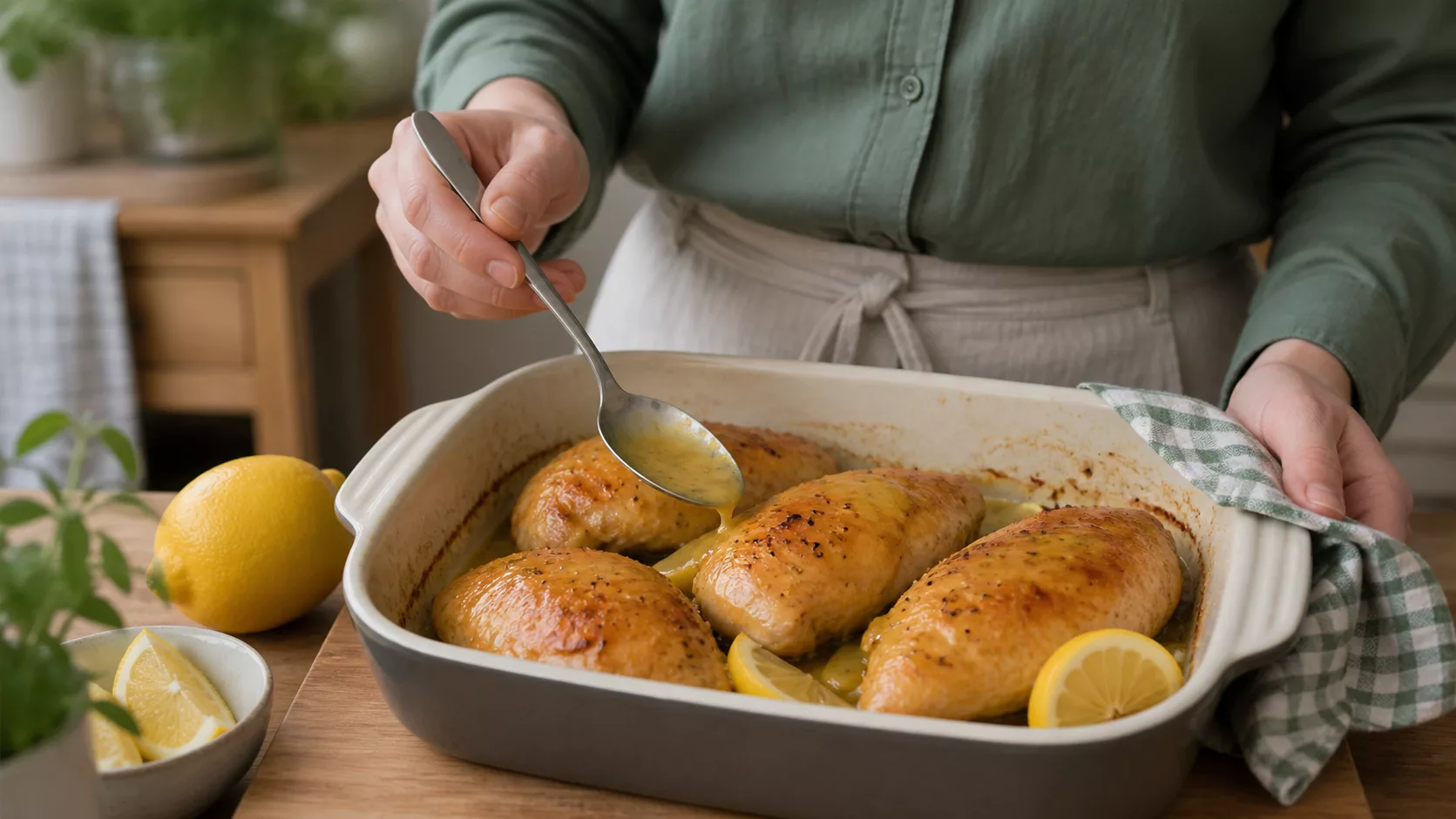 Запечённые куриные грудки в медово-лимонной глазури с дольками лимона