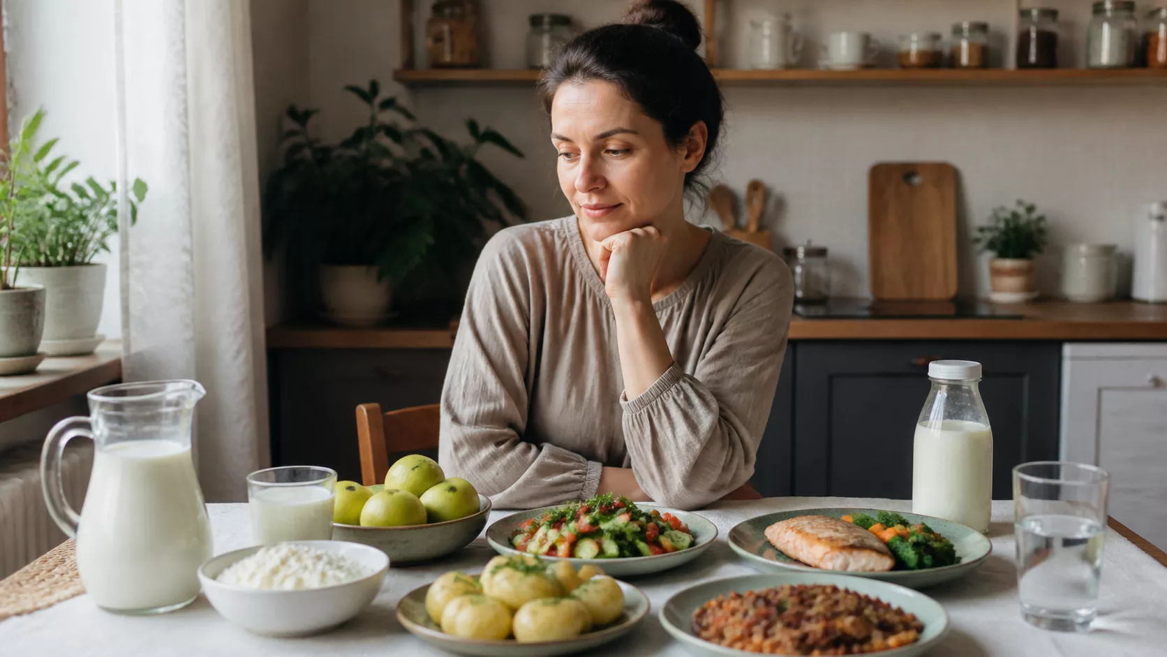 Женщина задумчиво рассматривает молочные продукты, яблоки, рыбу, картофель, салат и крупу с фасолью