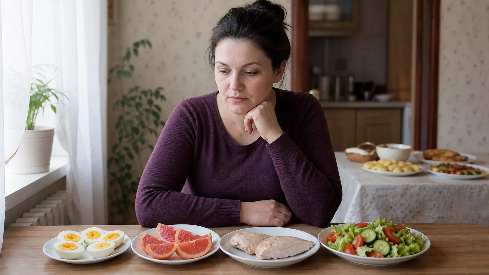 Женщина задумчиво смотрит на яйца, грейпфрут, курицу и салат из строгого меню