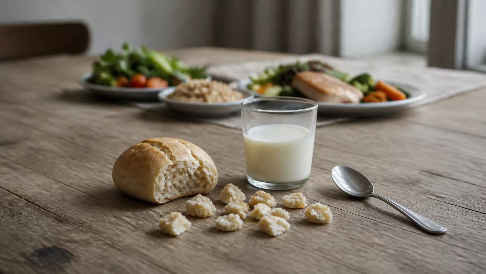 Сухая булочка, маленькие кусочки хлеба, стакан молока и чайная ложка