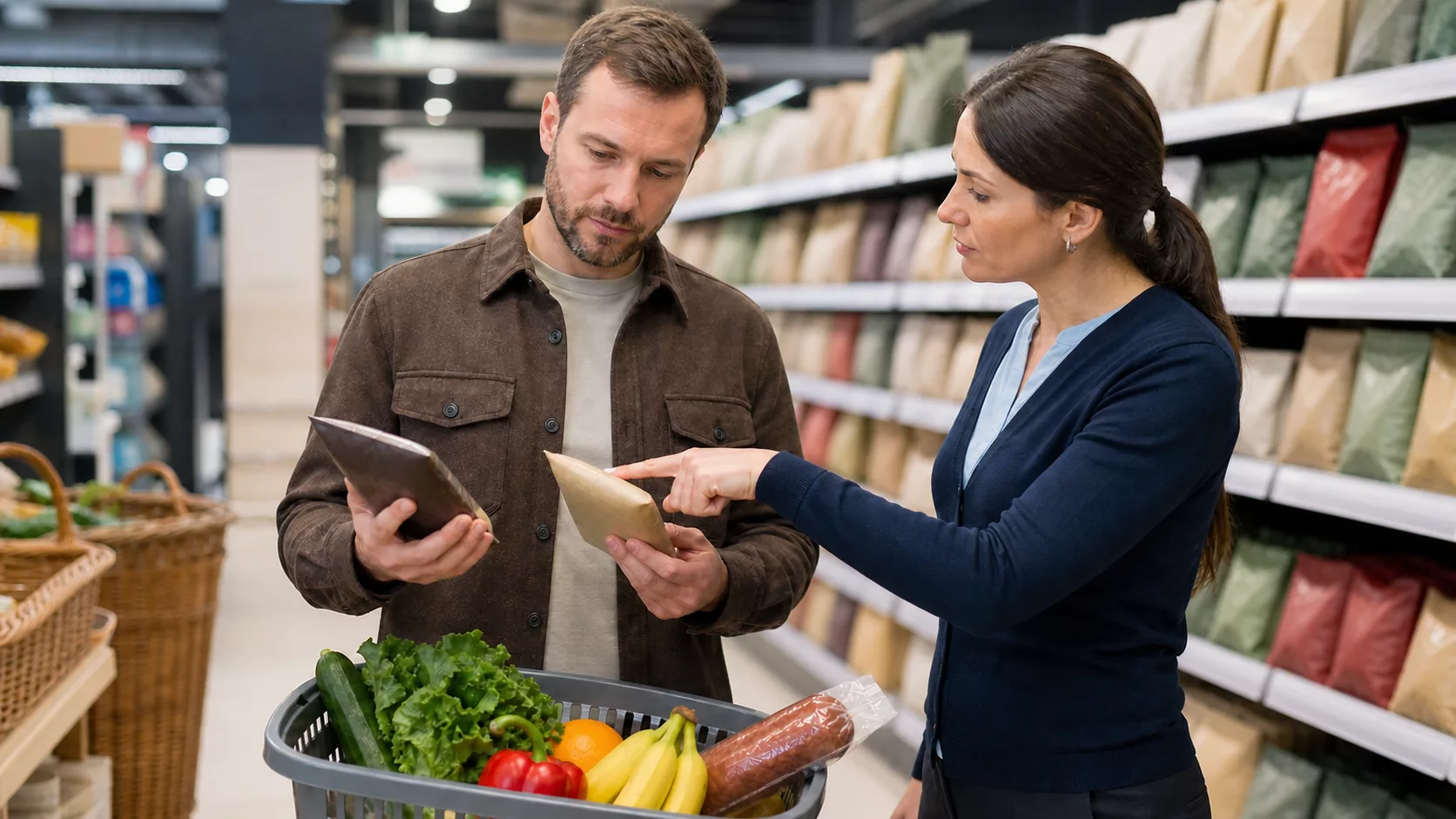Покупатель и консультант сравнивают состав двух продуктов в магазине