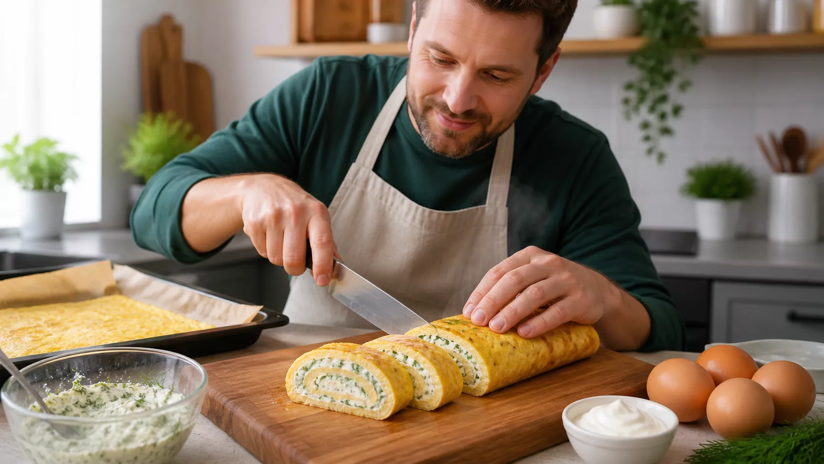 Мужчина нарезает омлетный рулет с сыром, сметаной, чесноком и укропом