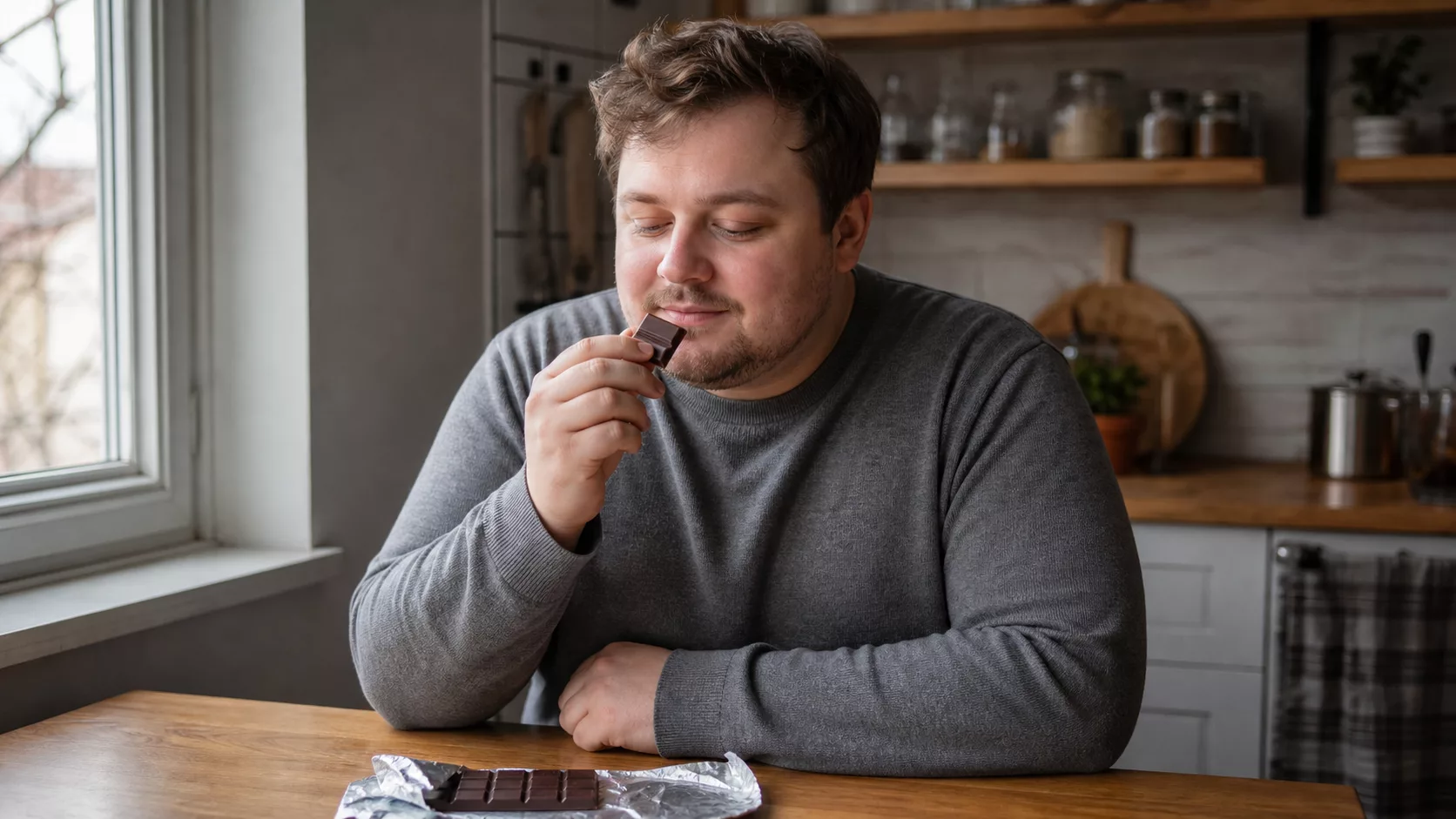 Мужчина осознанно рассматривает и вдыхает аромат маленького кусочка тёмного шоколада