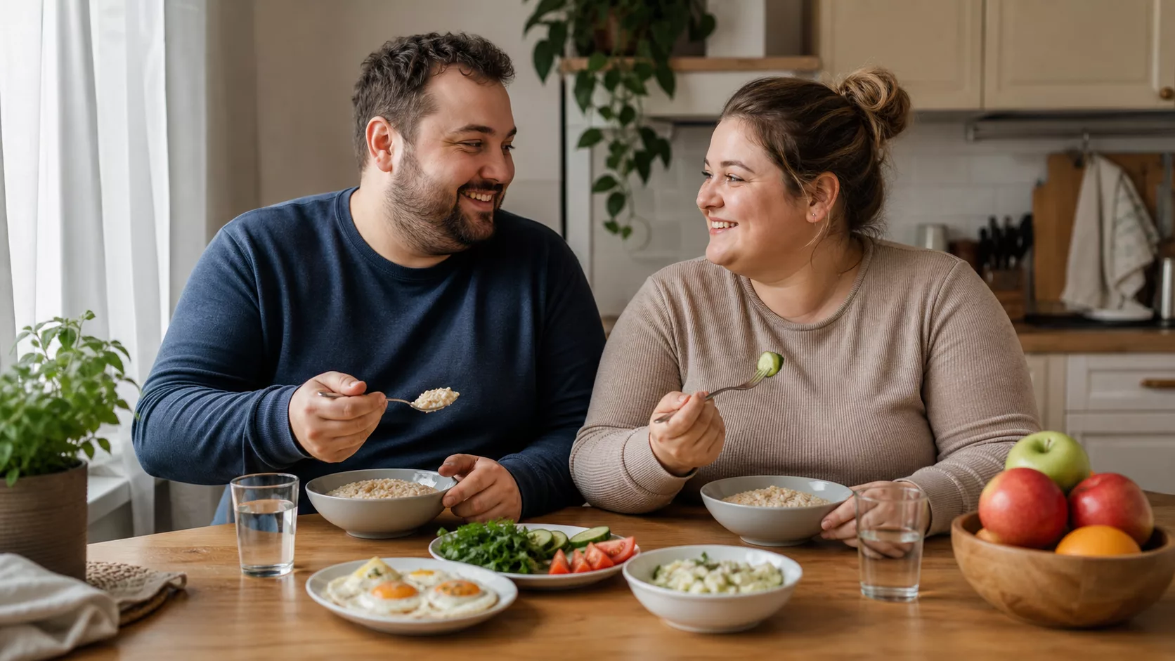 Милая пара завтракает кашей, яйцами и овощами рядом с водой и фруктами