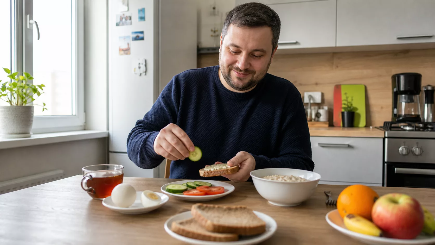 Мужчина готовит завтрак из каши, яйца, овощей, цельнозернового хлеба и фруктов