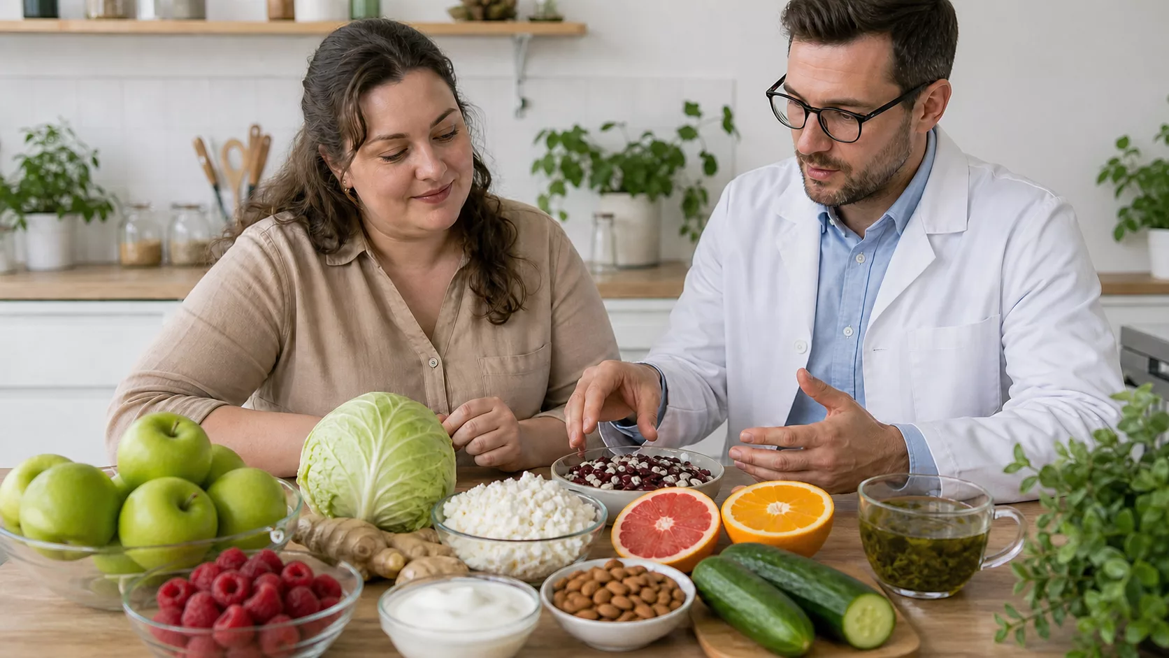 Женщина и специалист обсуждают молочные продукты, имбирь, капусту, цитрусы, ягоды и орехи