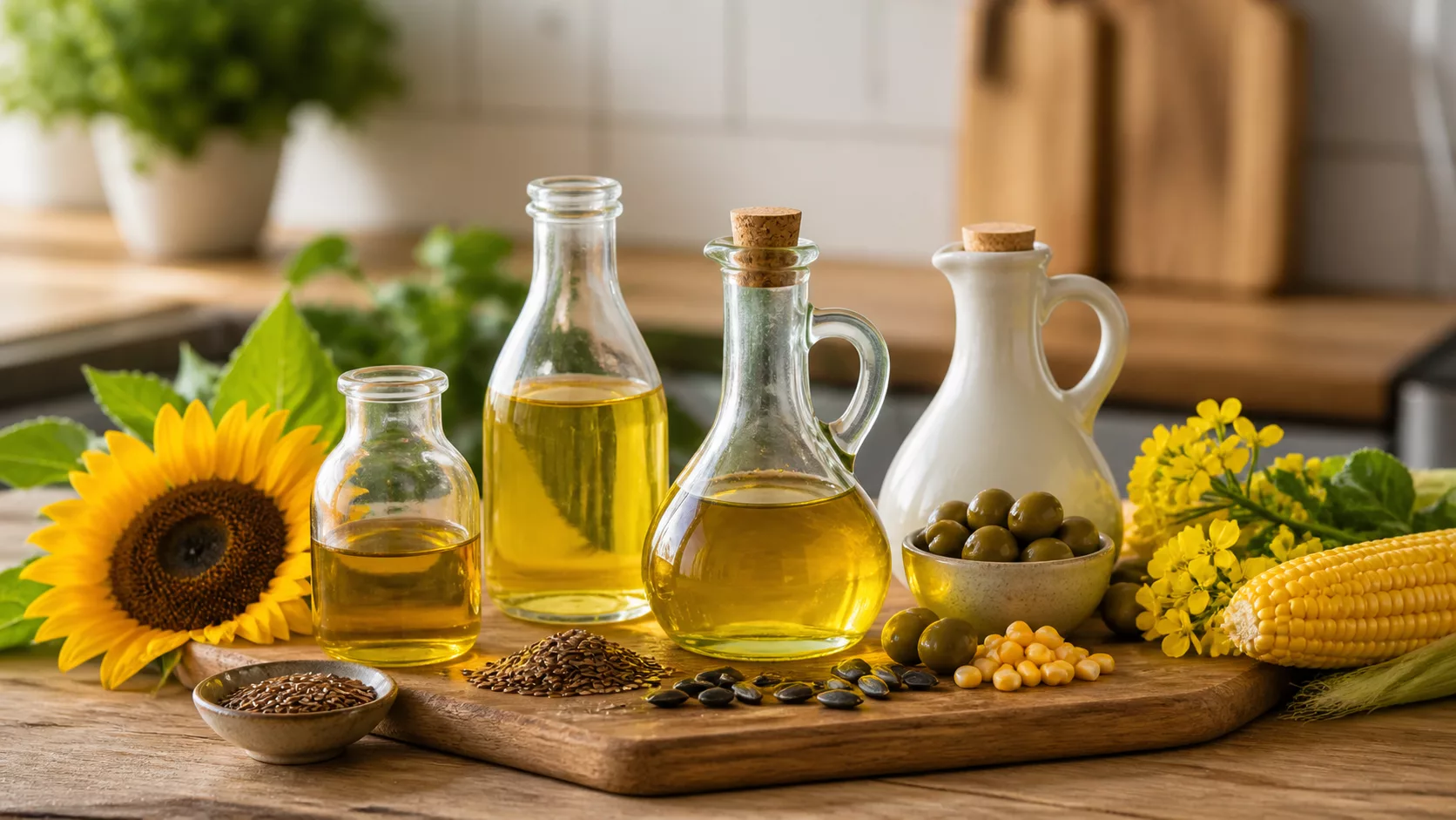 Растительные масла, семена льна и подсолнечника, оливки и кукуруза на кухонном столе