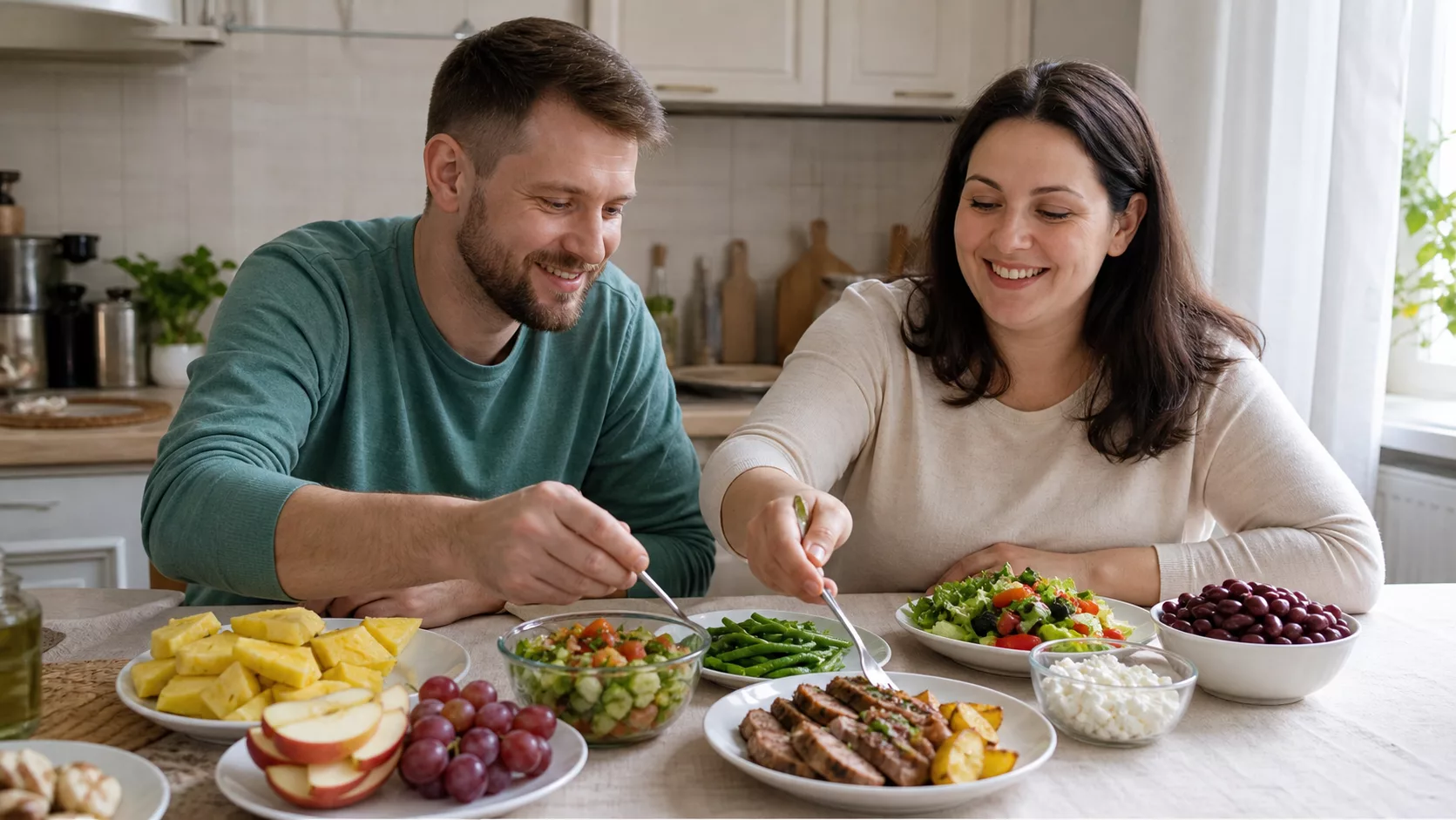 Мужчина и женщина собирают обед из фруктов, мяса, картофеля, салата, фасоли и сыра