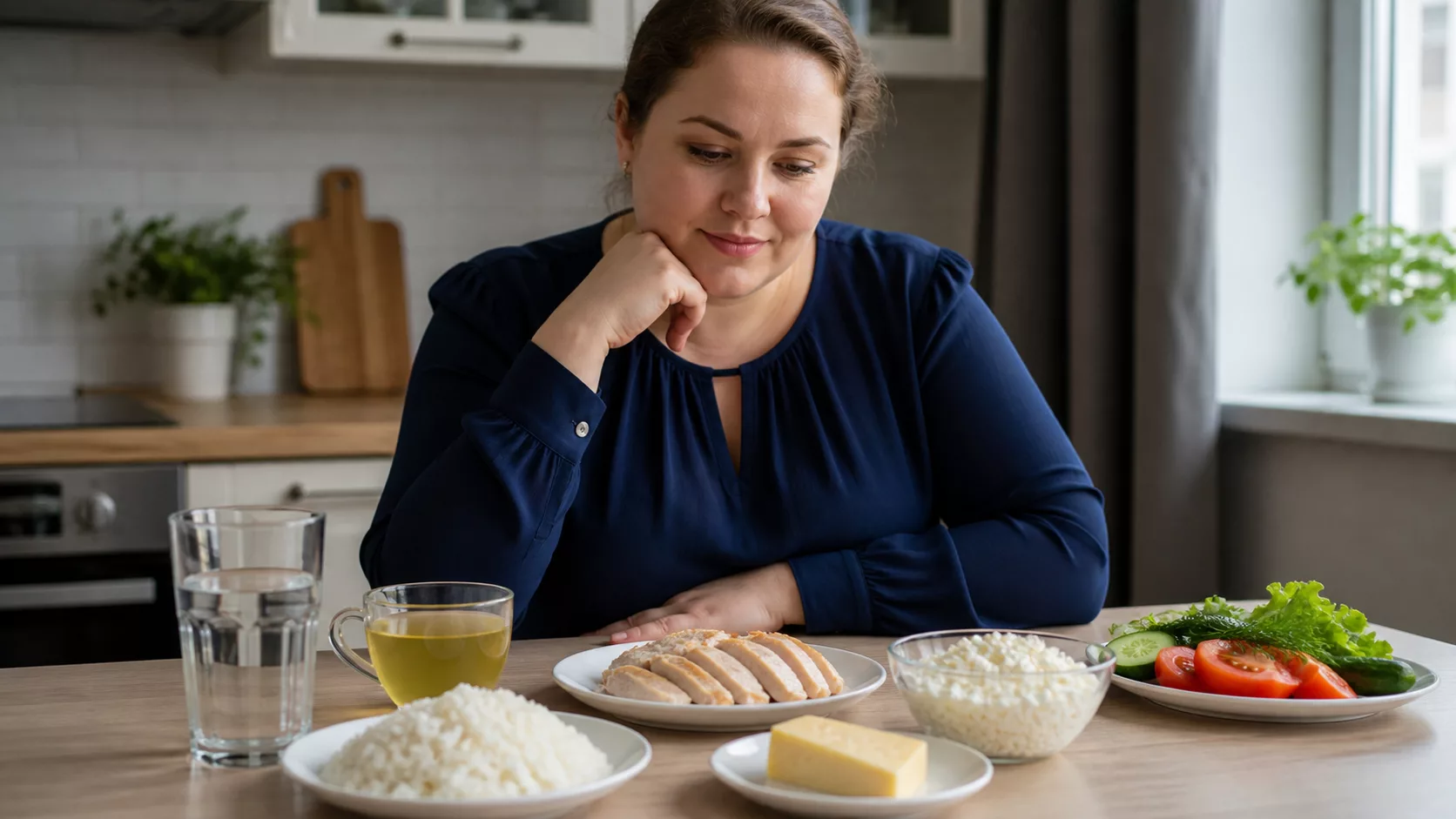 Женщина рассматривает блюда с рисом, курицей, творогом и сыром рядом с водой и зелёным чаем