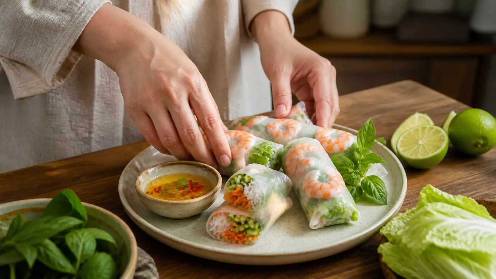 Свежие роллы с креветками, рисовой лапшой, овощами, базиликом и лаймом