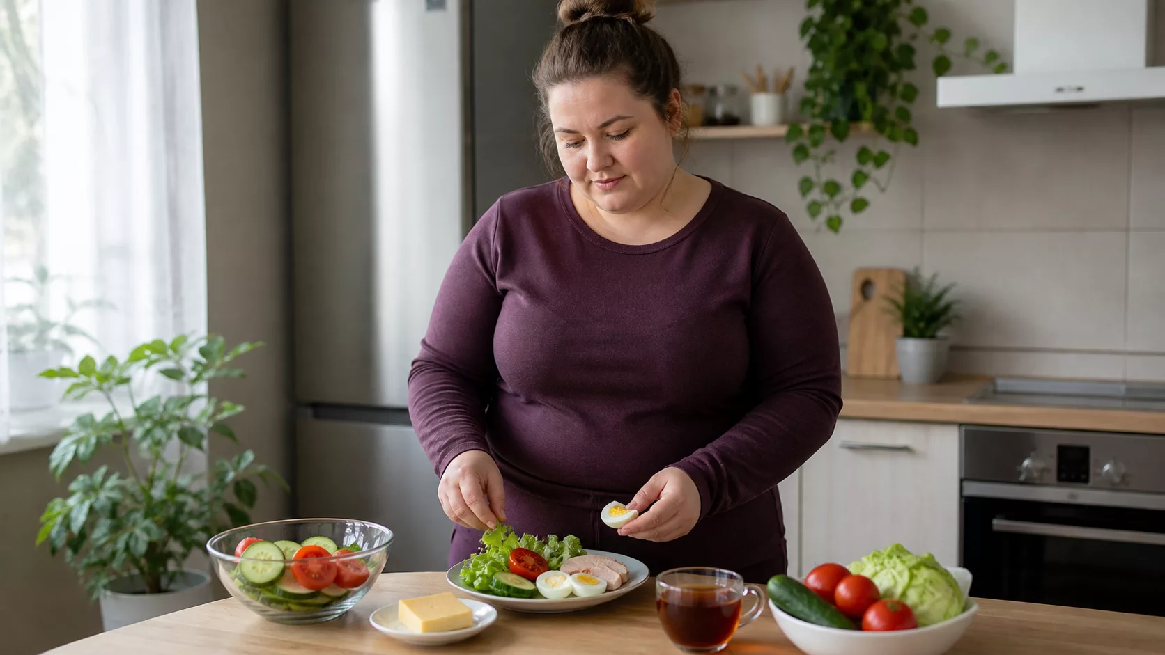 Женщина готовит блюдо из яйца, постного мяса и овощей рядом с сыром и чаем