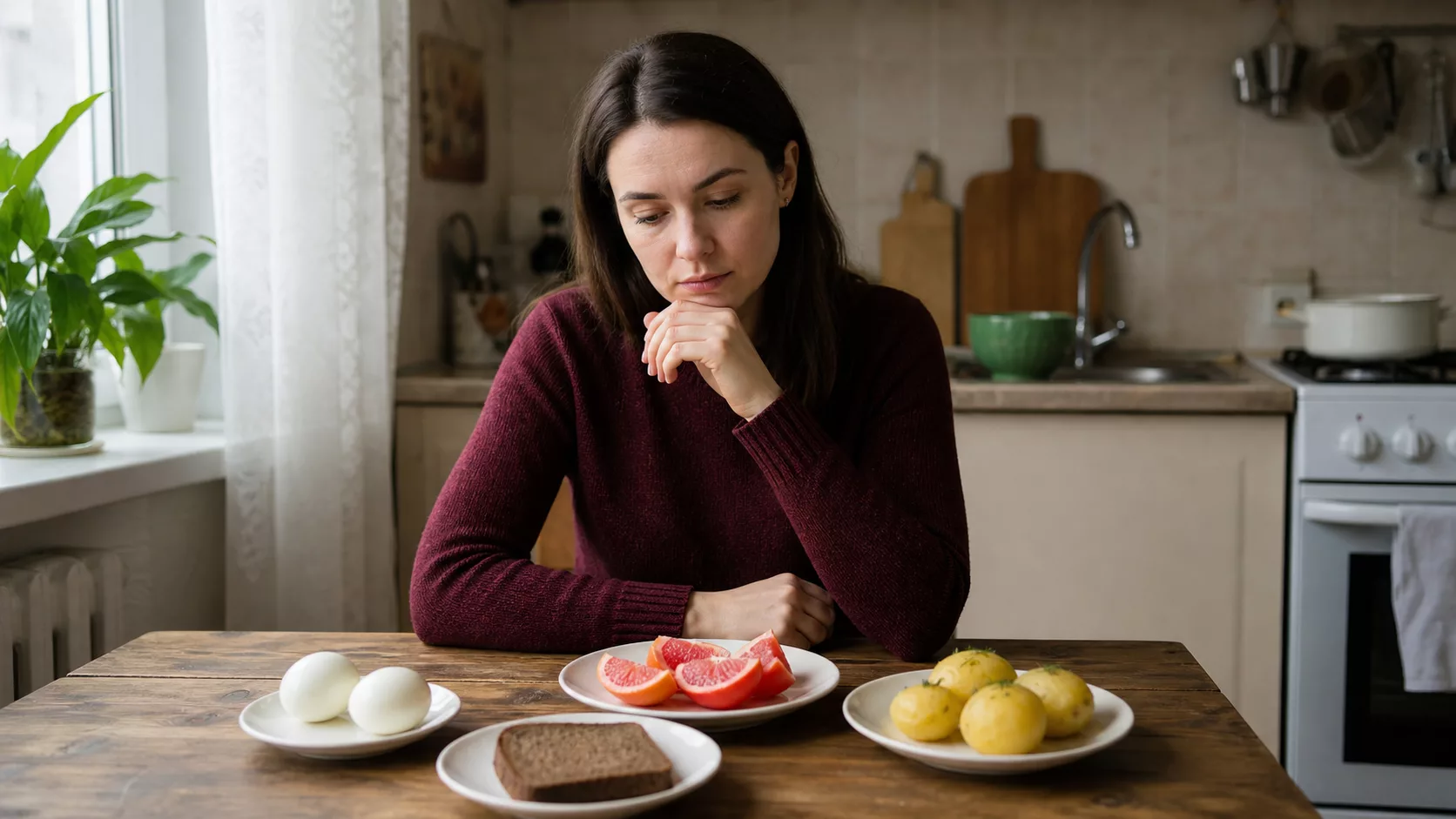 Женщина задумчиво смотрит на яйца, грейпфрут, чёрный хлеб и картофель