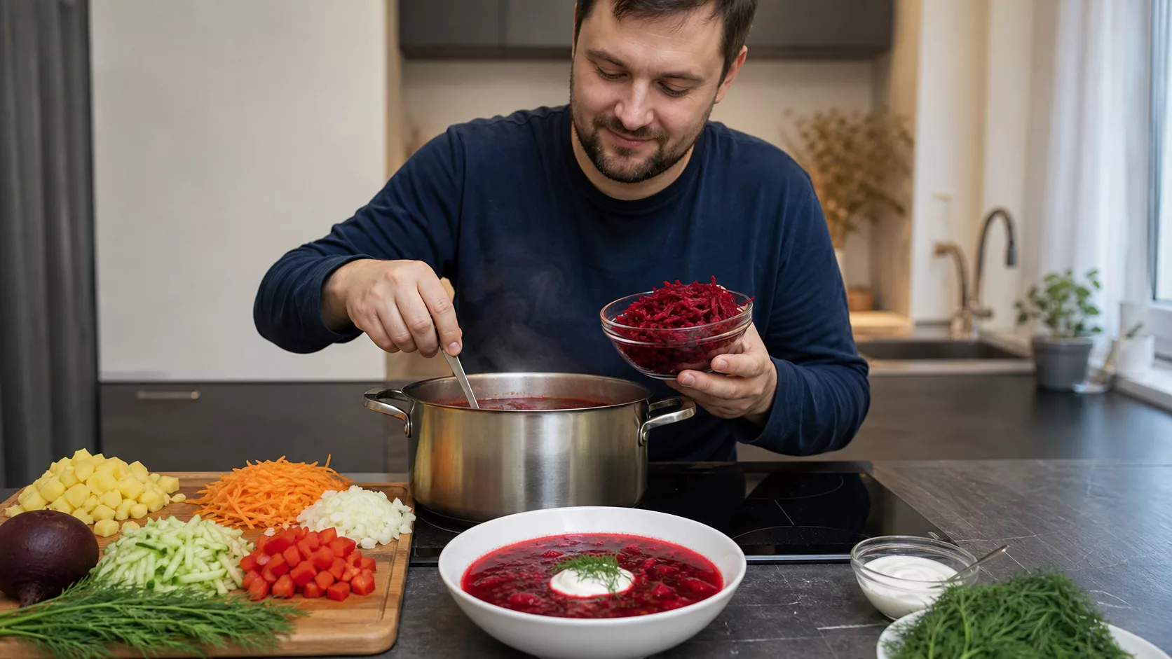 Мужчина варит свекольник из свёклы, картофеля, моркови, перца и малосольного огурца