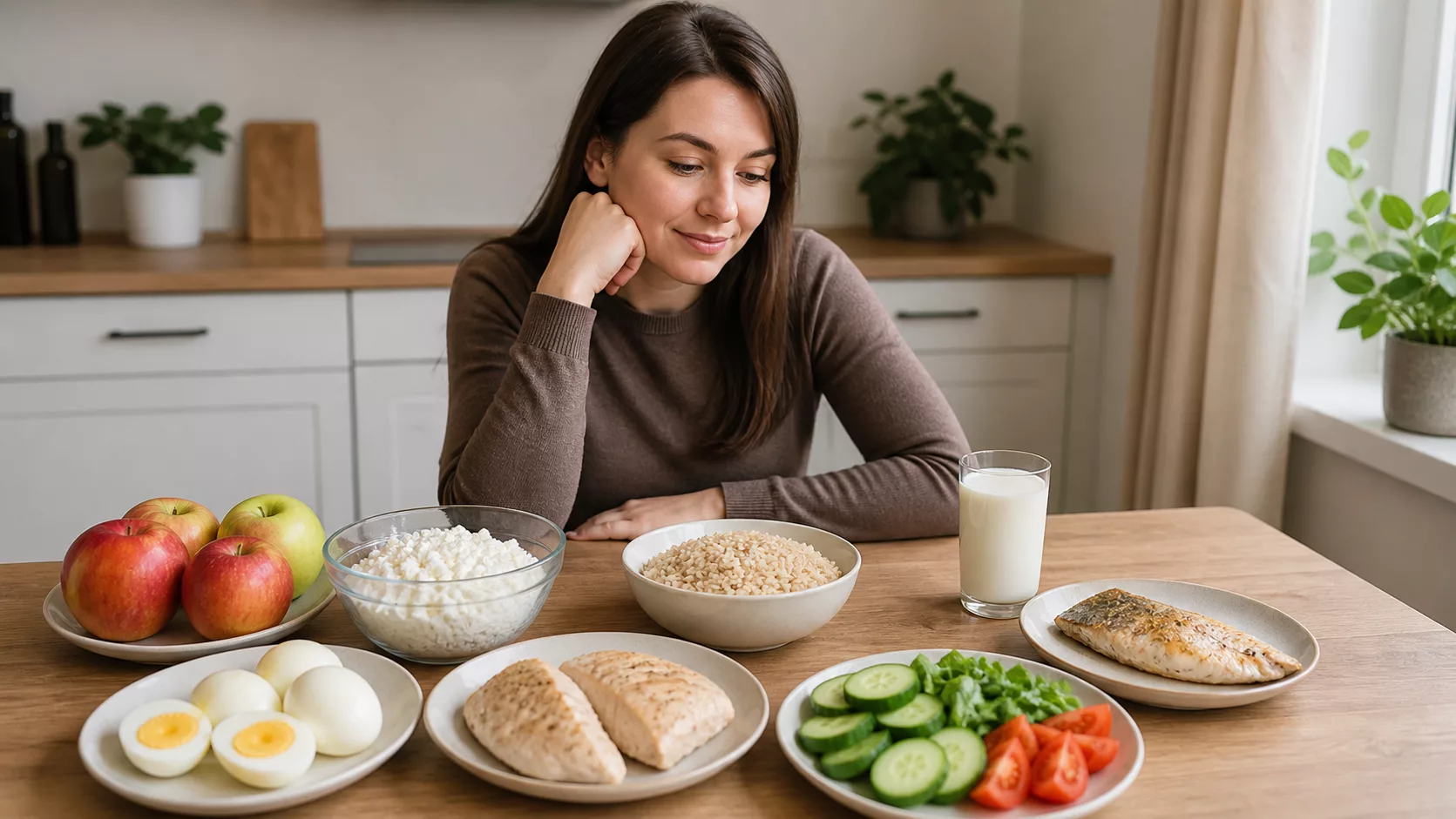 Женщина рассматривает яйца, творог, рис, курицу, рыбу, яблоки и овощи