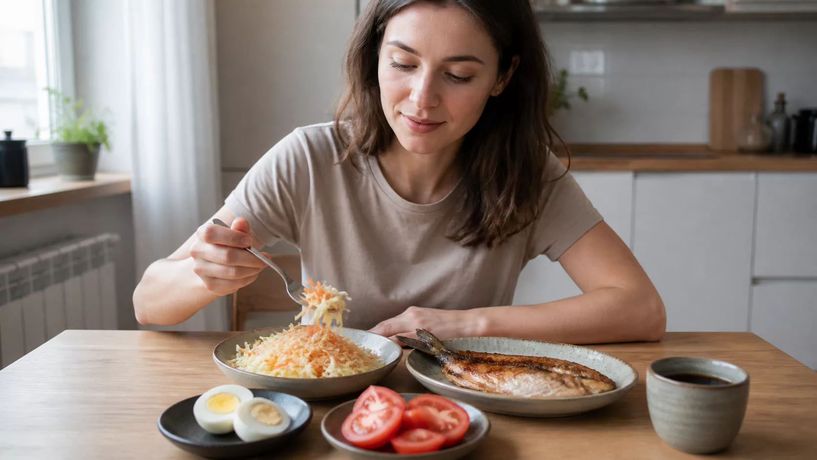 Женщина ест капустный салат с рыбой, яйцом, помидорами и чёрным кофе