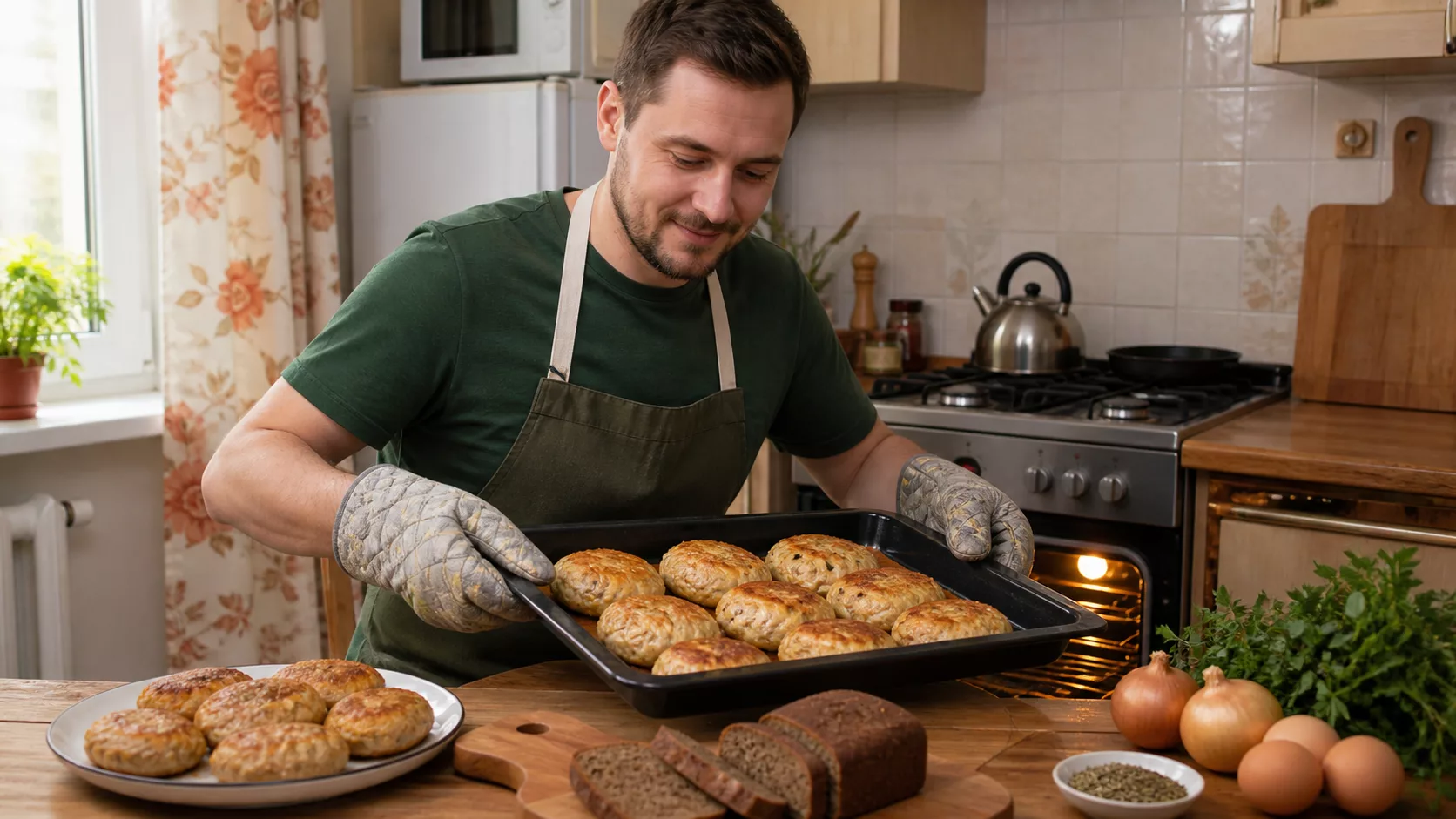Мужчина достаёт из духовки противень с запечёнными куриными котлетами