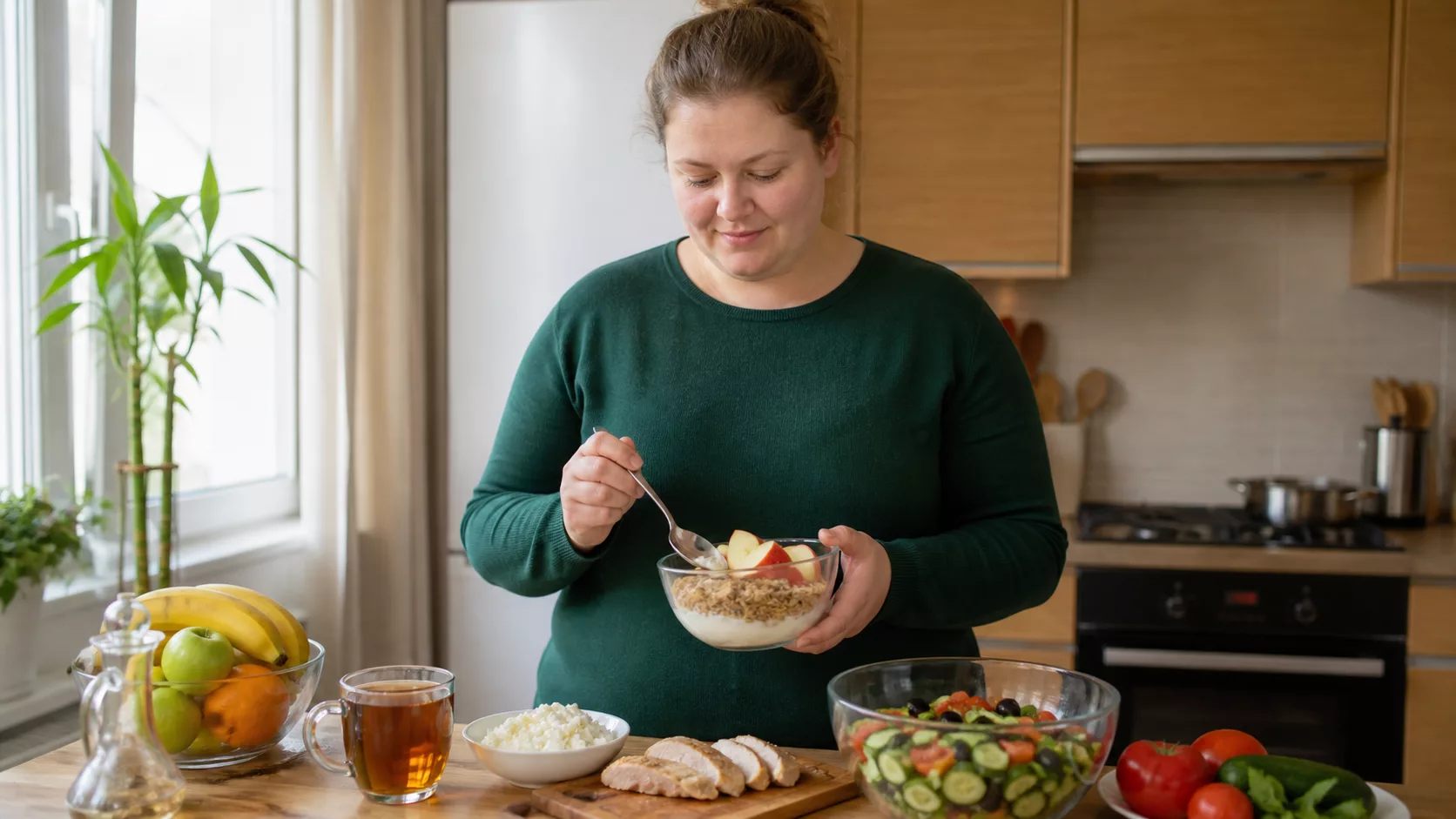 Женщина готовит мюсли с яблоком рядом с овощным салатом, творогом и куриной грудкой